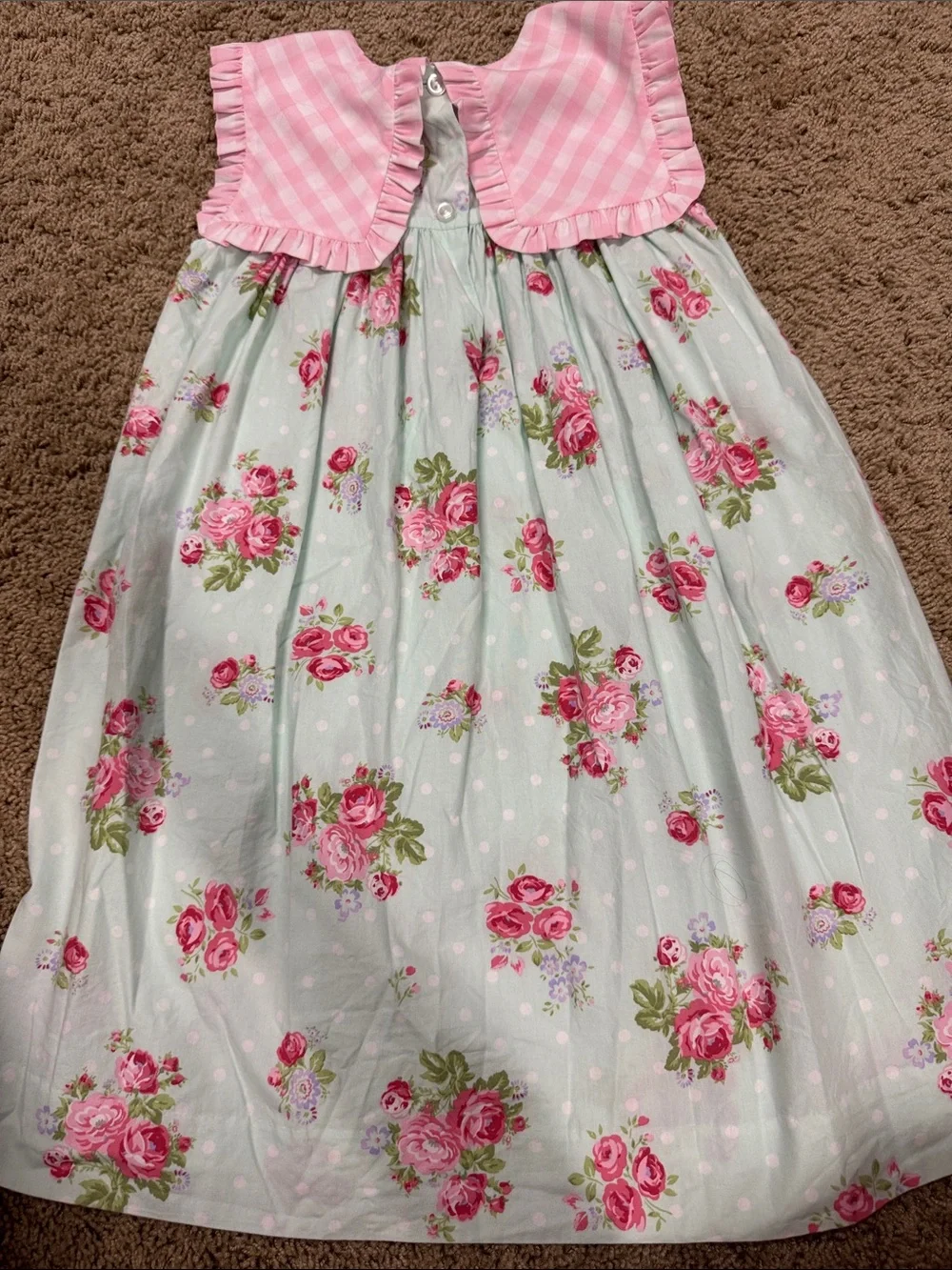 Girls Pink Gingham & Floral Cotton Dress with Monogram